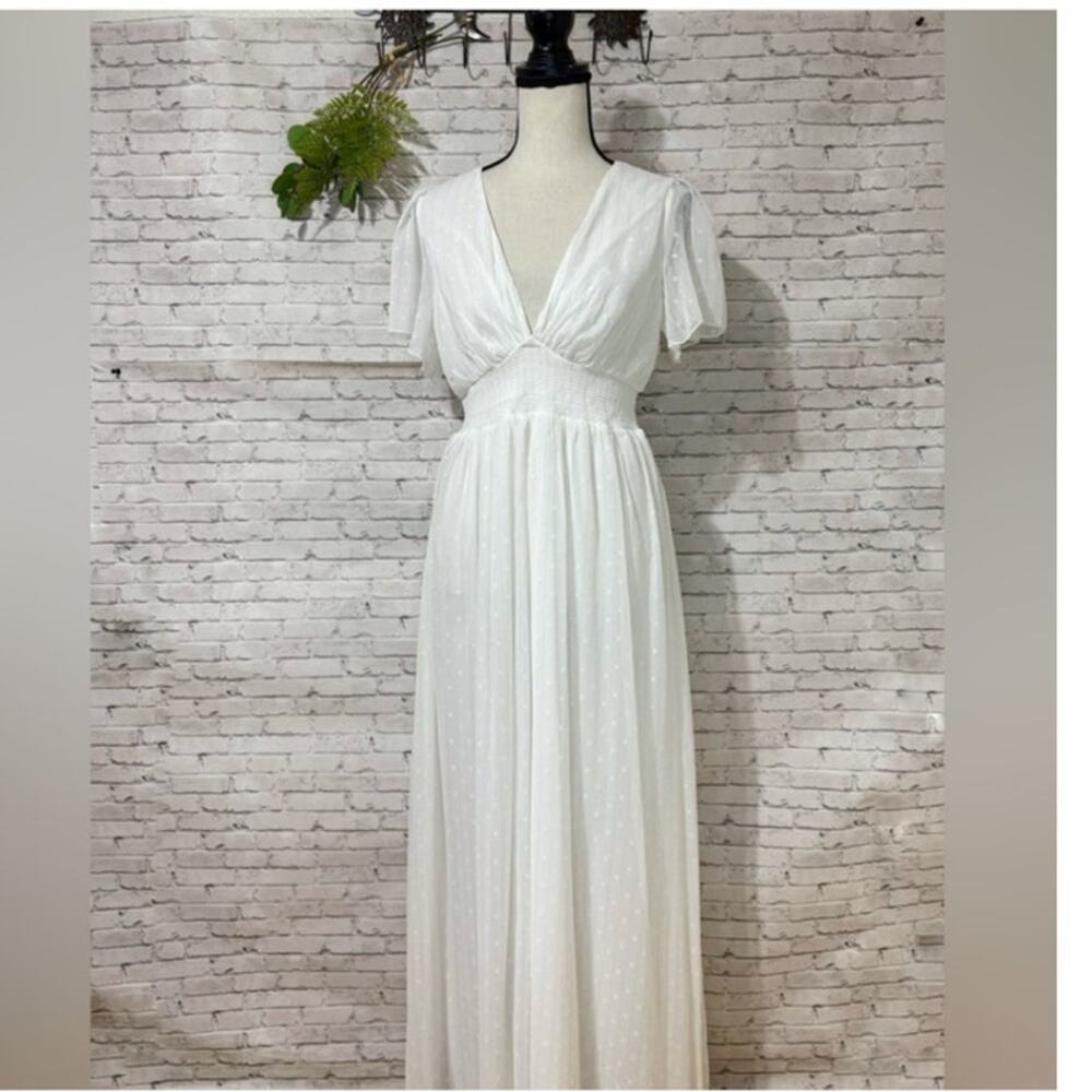 Baltic Born Small White Metallic Stripe Dress Smocked Bridal Shower Romantic